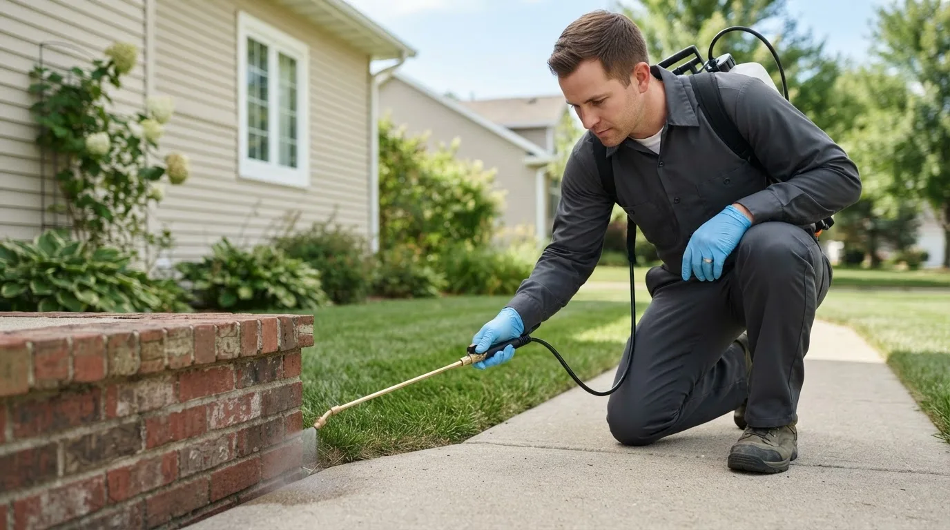Pest control technician treating a home near Donaldson, IN