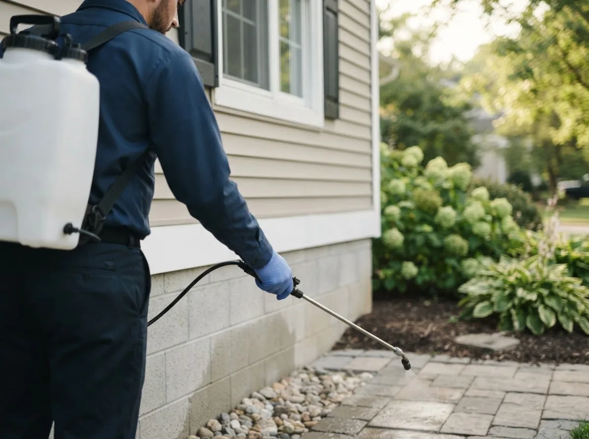 Pest control technician inspecting a home in Donaldson, IN